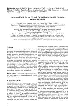 A Survey of Static Formal Methods for Building Dependable Industrial Automation Systems, IEEE Transactions on Industrial Informatics 15(7), Pp