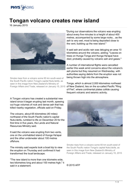 Tongan Volcano Creates New Island 16 January 2015