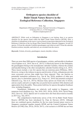 Orthoptera Species Checklist of Bukit Timah Nature Reserve in the Zoological Reference Collection, Singapore