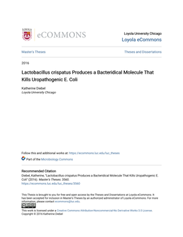 Lactobacillus Crispatus Produces a Bacteridical Molecule That Kills Uropathogenic E