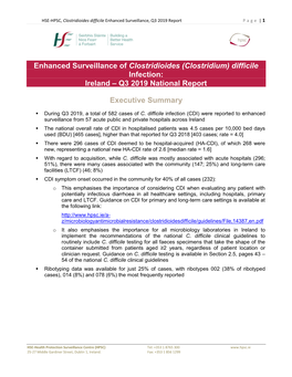 Difficile Infection: Ireland – Q3 2019 National Report