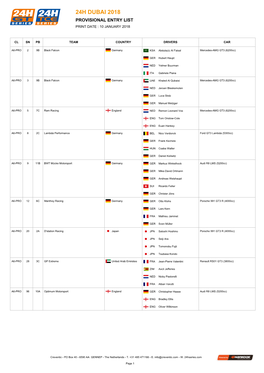 24H Dubai 2018 Provisional Entry List Print Date : 10 January 2018