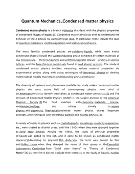 Quantum Mechanics Condensed Matter Physics