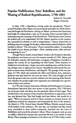 Popular Nullification, Fries' Rebellion, and the Waning of Radical Republicanism, 1798-1801 Robert H