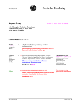Amtliche Tagesordnung Der 156. Sitzung Des 19. Deutschen Bundestages