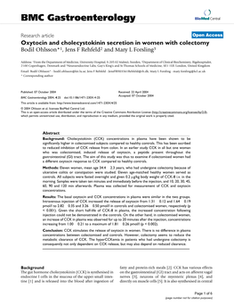 Oxytocin and Cholecystokinin Secretion in Women with Colectomy Bodil Ohlsson*1, Jens F Rehfeld2 and Mary L Forsling3