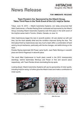 Team Penske's Car, Sponsored by the Hitachi Group, Takes Third Place in the Tenth Event of the U.S