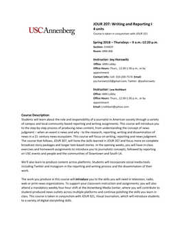 JOUR 207: Writing and Reporting I 4 Units Course Is Taken in Conjunction with JOUR 321