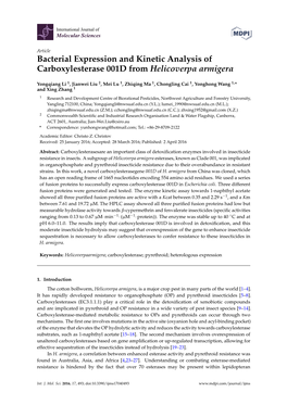 Bacterial Expression and Kinetic Analysis of Carboxylesterase 001D from Helicoverpa Armigera