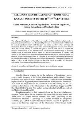 Religious Identification of Traditional Kazakh Society in the 16Th-19Th Centuries