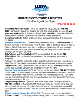 DIRECTIONS to TENNIS FACILITIES (From Flamingo & the Strip) UPDATED 12-23-20