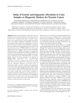 Study of Genetic and Epigenetic Alterations in Urine Samples As Diagnostic Markers for Prostate Cancer