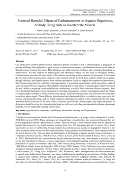 Potential Harmful Effects of Carbamazepine on Aquatic Organisms, a Study Using Ants As Invertebrate Models