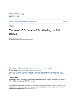 E-Literature? on Weeding the E-Lit Garden