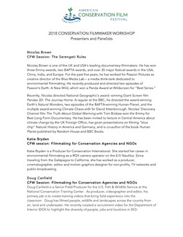 2018 CONSERVATION FILMMAKER WORKSHOP Presenters and Panelists