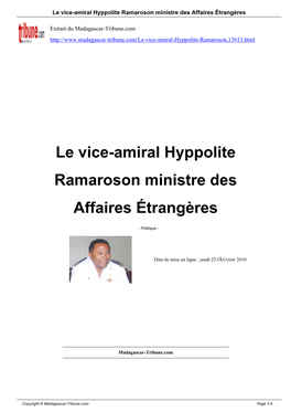 Le Vice-Amiral Hyppolite Ramaroson Ministre Des Affaires Étrangères