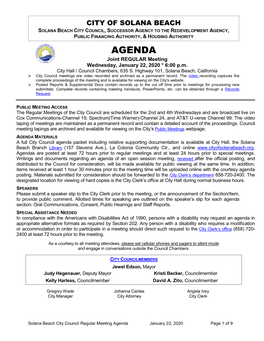 AGENDA Joint REGULAR Meeting Wednesday, January 22, 2020 * 6:00 P.M