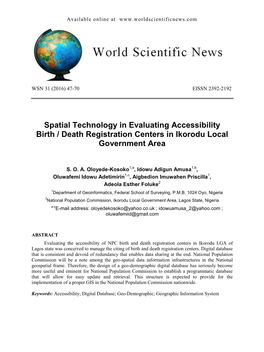 Spatial Technology in Evaluating Accessibility Birth / Death Registration Centers in Ikorodu Local Government Area