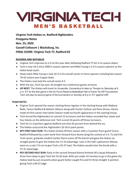 Virginia Tech Hokies Vs. Radford Highlanders Postgame Notes Nov