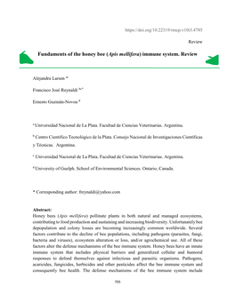 Fundaments of the Honey Bee (Apis Mellifera) Immune System. Review