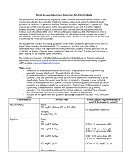 Renal Dosage Adjustment Guidelines for Antimicrobials the Pharmacists Will Automatically Adjust the Doses of Any of the Antimicr