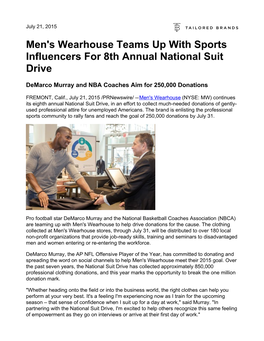 Men's Wearhouse Teams up with Sports Influencers for 8Th Annual National Suit Drive