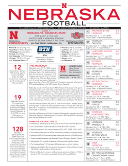 Football 5 National Championships • 46 Conference Titles • 53 Bowl Games Game 1: Arkansas State 0-0 Nebraska Vs