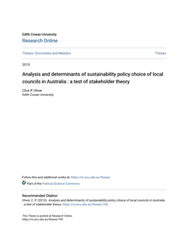 Analysis and Determinants of Sustainability Policy Choice of Local Councils in Australia : a Test of Stakeholder Theory