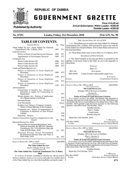 GOVERNMENT GAZETTE Price: K10.00 Net Annual Subscription: Within Lusaka—K300.00 Outside Lusaka—K350.00