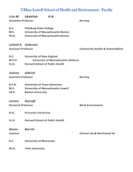 Umass Lowell School of Health and Environment : Faculty