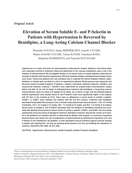 And P-Selectin in Patients with Hypertension Is Reversed by Benidipine, a Long-Acting Calcium Channel Blocker