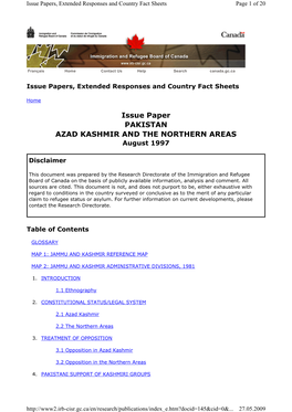 Issue Paper PAKISTAN AZAD KASHMIR and the NORTHERN AREAS August 1997