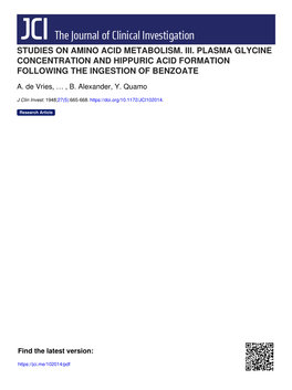 Studies on Amino Acid Metabolism. Iii. Plasma Glycine Concentration and Hippuric Acid Formation Following the Ingestion of Benzoate