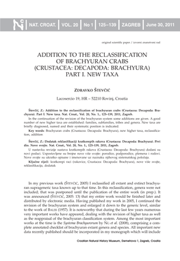 Addition to the Reclassification of Brachyuran Crabs (Crustacea: Decapoda: Brachyura) Part I. New Taxa