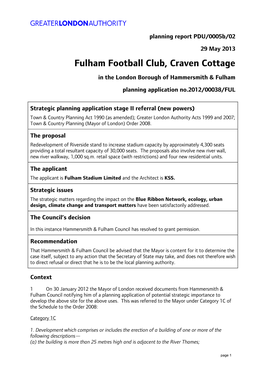 Fulham Football Club, Craven Cottage in the London Borough of Hammersmith & Fulham Planning Application No.2012/00038/FUL