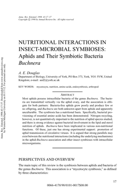 NUTRITIONAL INTERACTIONS in INSECT-MICROBIAL SYMBIOSES: Aphids and Their Symbiotic Bacteria Buchnera