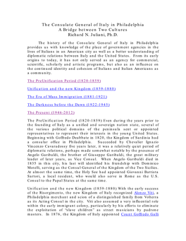 THE CONSULATE GENERAL from the UNIFICATION of ITALY to the PRESENT (By RICHARD N. JULIANI, Ph