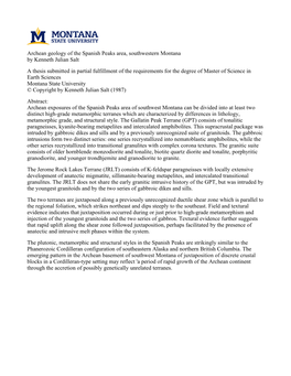 Archean Geology of the Spanish Peaks Area, Southwestern Montana