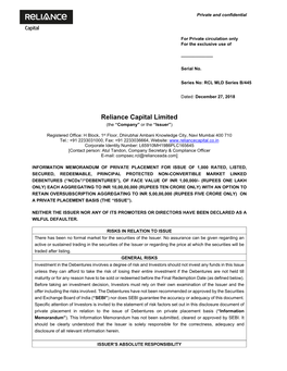 Reliance Capital Limited (The “Company” Or the “Issuer”)