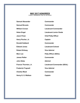 MAY 2017 HONOREES (Listed in Alphabetical Order by Last Name)