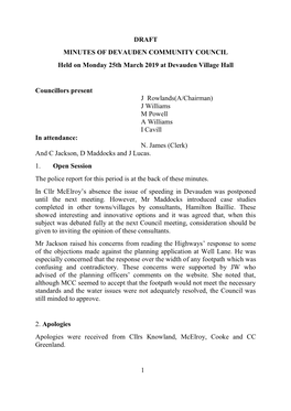 DRAFT MINUTES of DEVAUDEN COMMUNITY COUNCIL Held on Monday 25Th March 2019 at Devauden Village Hall