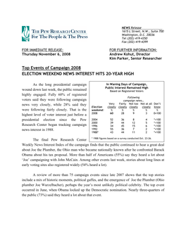 Top Events of Campaign 2008 ELECTION WEEKEND NEWS INTEREST HITS 20-YEAR HIGH