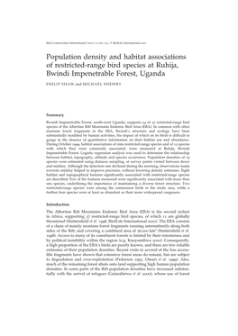 Population Density and Habitat Associations of Restricted-Range Bird Species at Ruhija, Bwindi Impenetrable Forest, Uganda