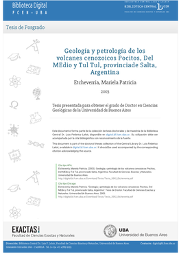 Geología Y Petrología De Los Volcanes Cenozoicos Pocitos, Del Medio Y Tul Tul, Provinciade Salta, Argentina Etcheverría, Mariela Patricia 2003