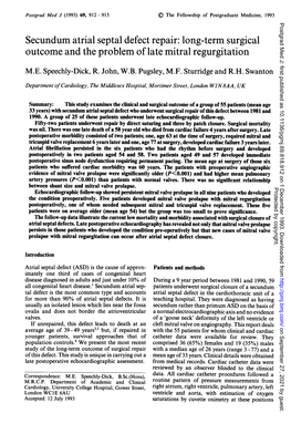 Secundum Atrial Septal Defect Repair: Long-Term Surgical Outcome and the Problem of Late Mitral Regurgitation