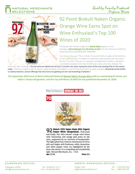 92 Point Biokult Naken Organic Orange Wine Earns Spot on Wine Enthusiast’S Top 100 Wines of 2020