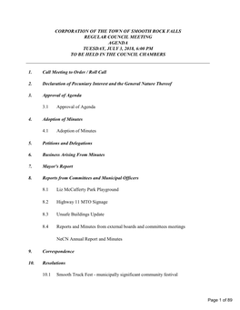 Regular Council Meeting Agenda Tuesday, July 3, 2018, 6:00 Pm to Be Held in the Council Chambers