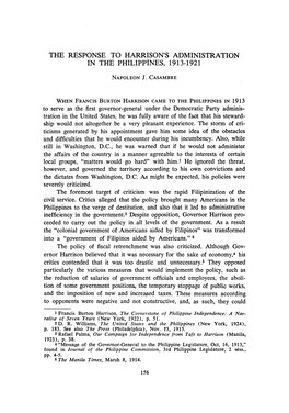 The Response to Harrison's Administration in the Philippines, 1913-1921