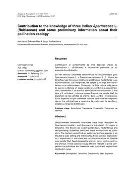 Contribution to the Knowledge of Three Indian Spermacoce L. (Rubiaceae) and Some Preliminary Information About Their Pollination Ecology