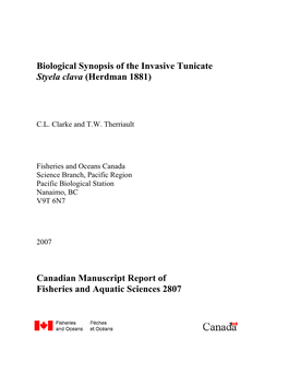 Biological Synopsis of the Invasive Tunicate Styela Clava (Herdman 1881)